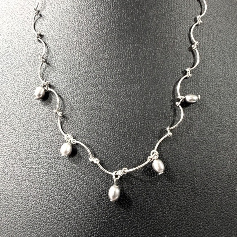 Vintage Liz Claiborne Necklace Silvertone‎ Wave Gray Faux Pearls Jewelry